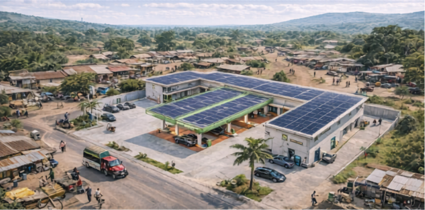 Aerial view of a Munja Oasis Hub with solar canopy and charging bays in a Kenyan town