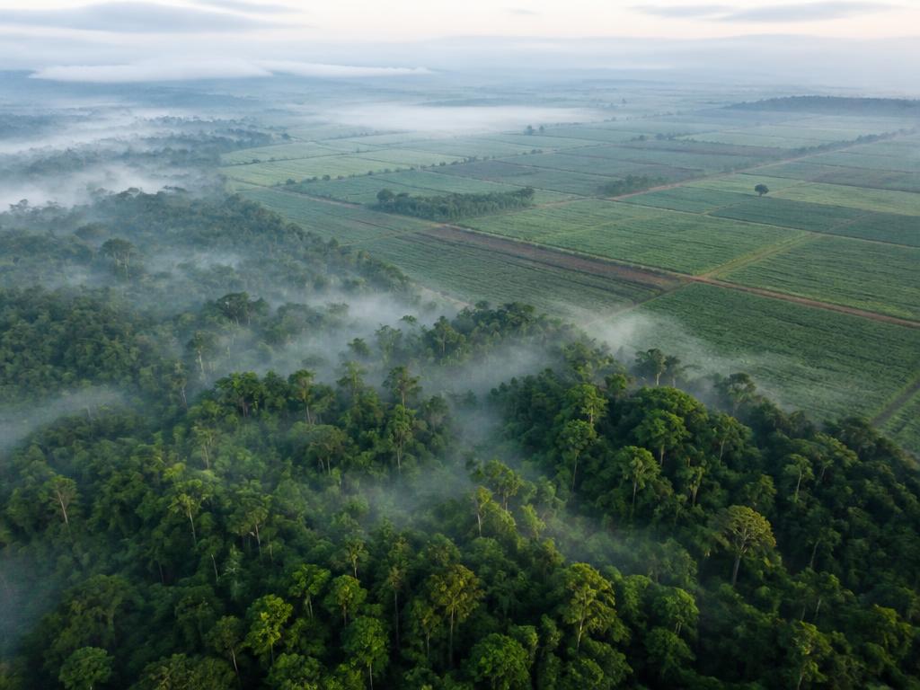 Aerial view of African forest canopy and farmland in morning mist