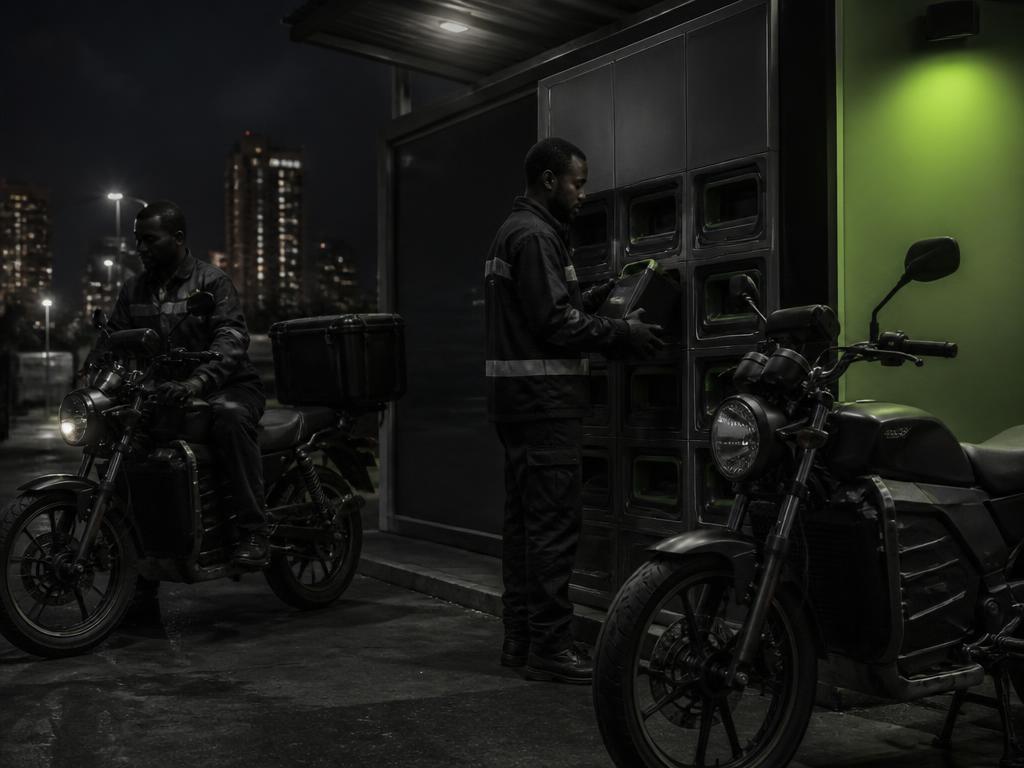 Electric commercial motorcycles at a battery-swap station at night