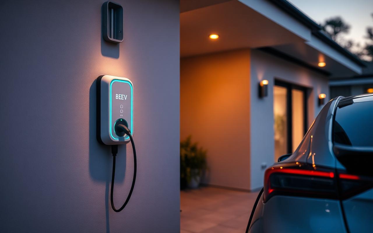 Smart home EV wall charger with an electric car plugged in outside a modern house