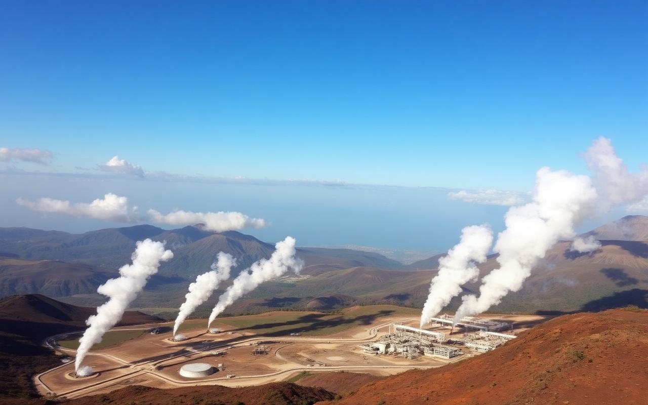 Geothermal power plant with steam plumes in the Kenyan Rift Valley