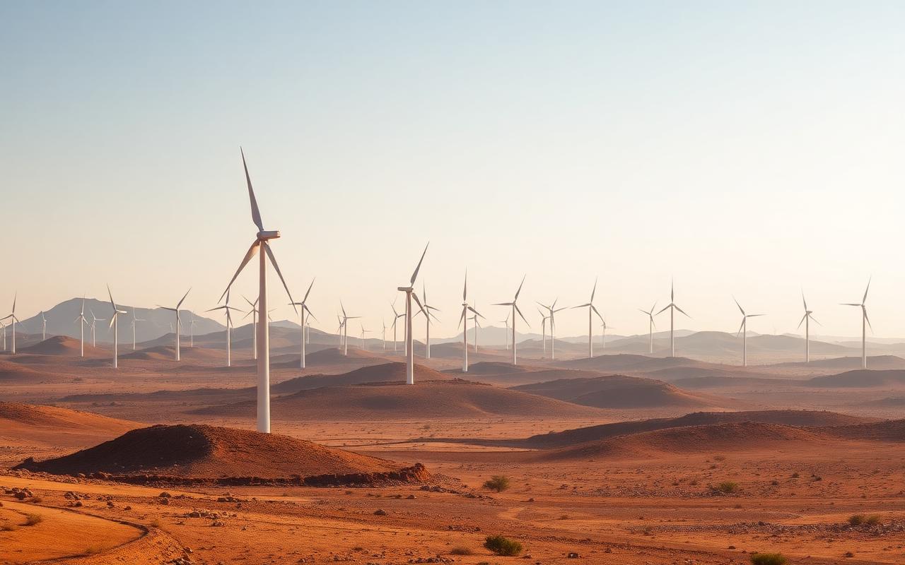 Wind turbines across arid hills near Lake Turkana in northern Kenya